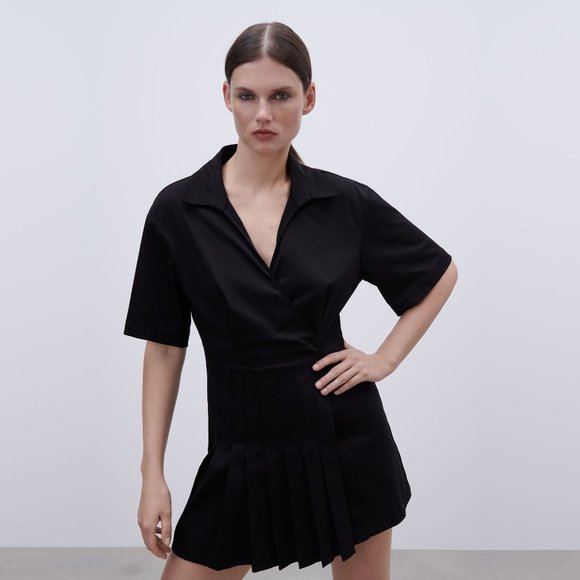 ZARA | Stretch Poplin Pleated Dress | Sz. S - Picture 2 of 8